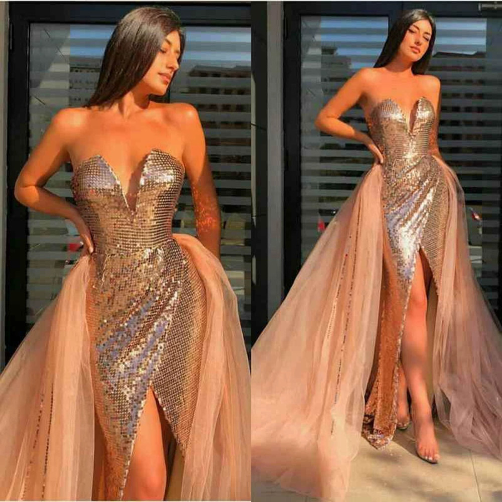 ZARA Spring Summer Sexy Gold Foil Strapless Slit Evening Gown
